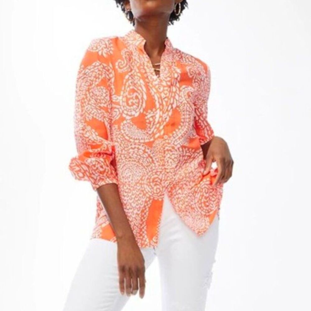 Chico's Mosaic Paisley Print Blouse Breezy Button Front Orange White Size 8